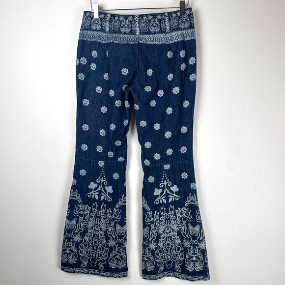 Free People Journey Jeans Mid Rise Flare Floral Retro Print 100% Cotton Blue 27 - Picture 2 of 6